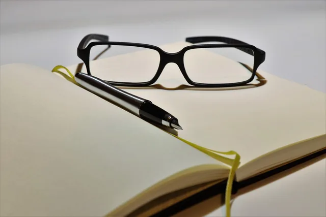 notebook, glasses, business, pen, paper, office, recording, document, write, studies, work. ApS: kapitalkrav, ledelse og offentlighed ved stiftelse