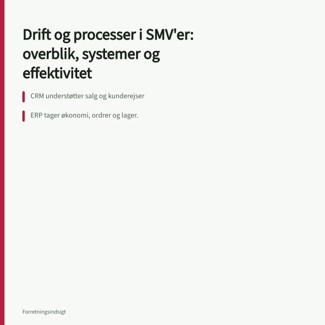 Drift og processer i SMV'er: overblik, systemer og effektivitet: CRM understøtter salg og kunderejser; ERP tager økonomi, ordrer og lager.; SMV:Digital åbner næste pulje 27. juni 2025 kl. 09.00.; Der kan opnås 100.000 kr. i tilskud til privat rådgivning; puljen gives først-til-mølle. Drift og processer i SMV'er: overblik, systemer og effektivitet